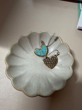 Heart Drop Earrings with Turquoise Inlay and Antique Gold Detail